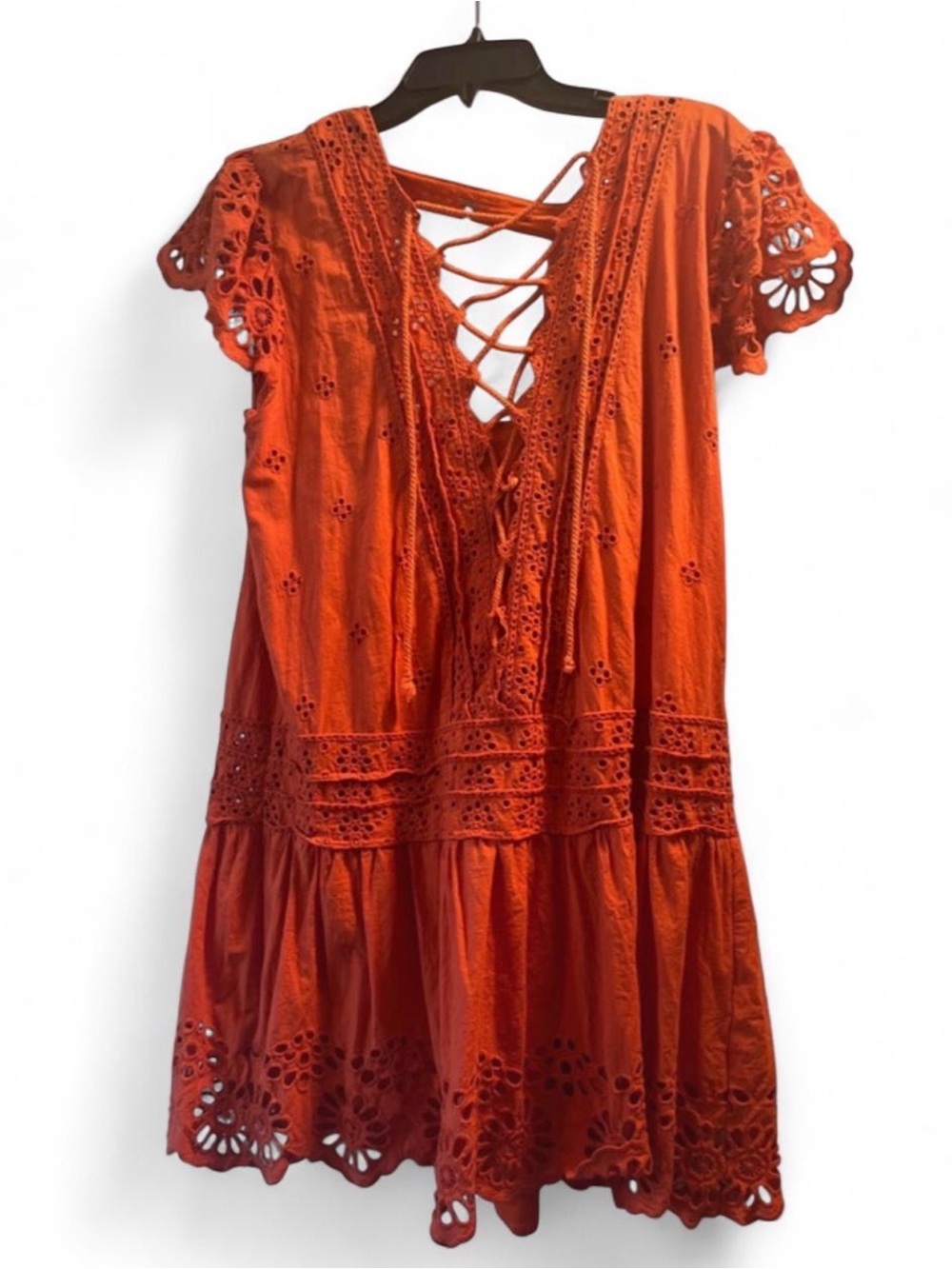 Free People Orange Eyelet Lace-Up Mini Dress